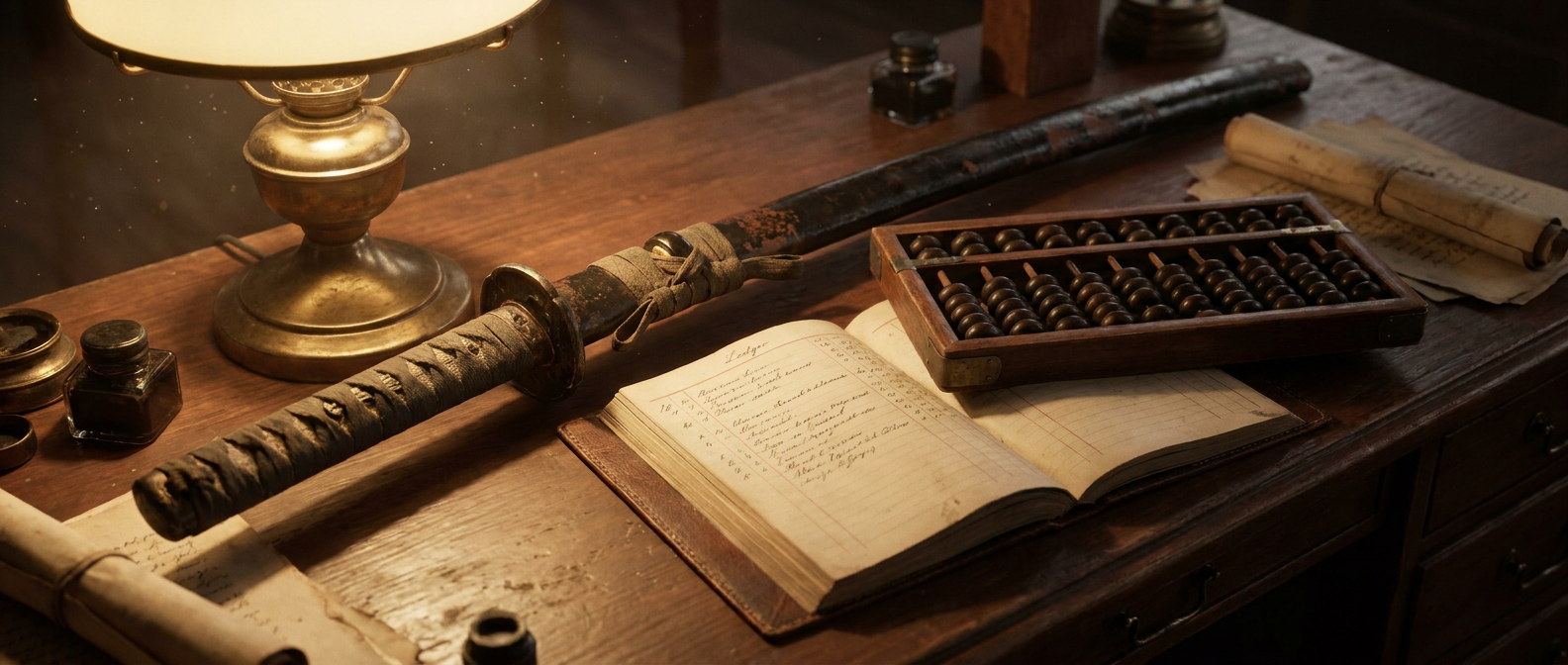 An old sword in a lacquered scabbard lies next to a ledger and an abacus on a wooden desk in lamplight, no people