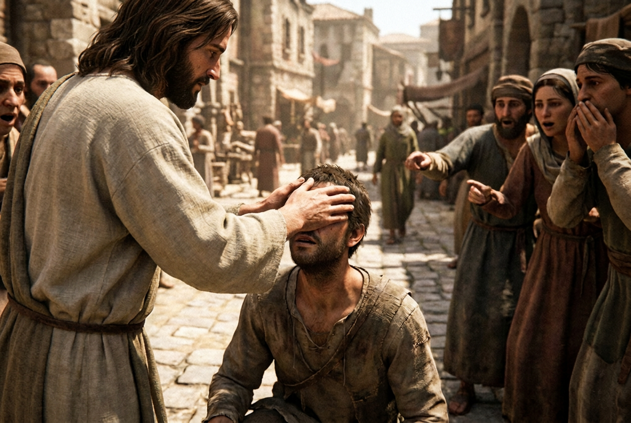 Jesus lays his hand over the eyes of a kneeling blind man in a busy street as people look on in amazement