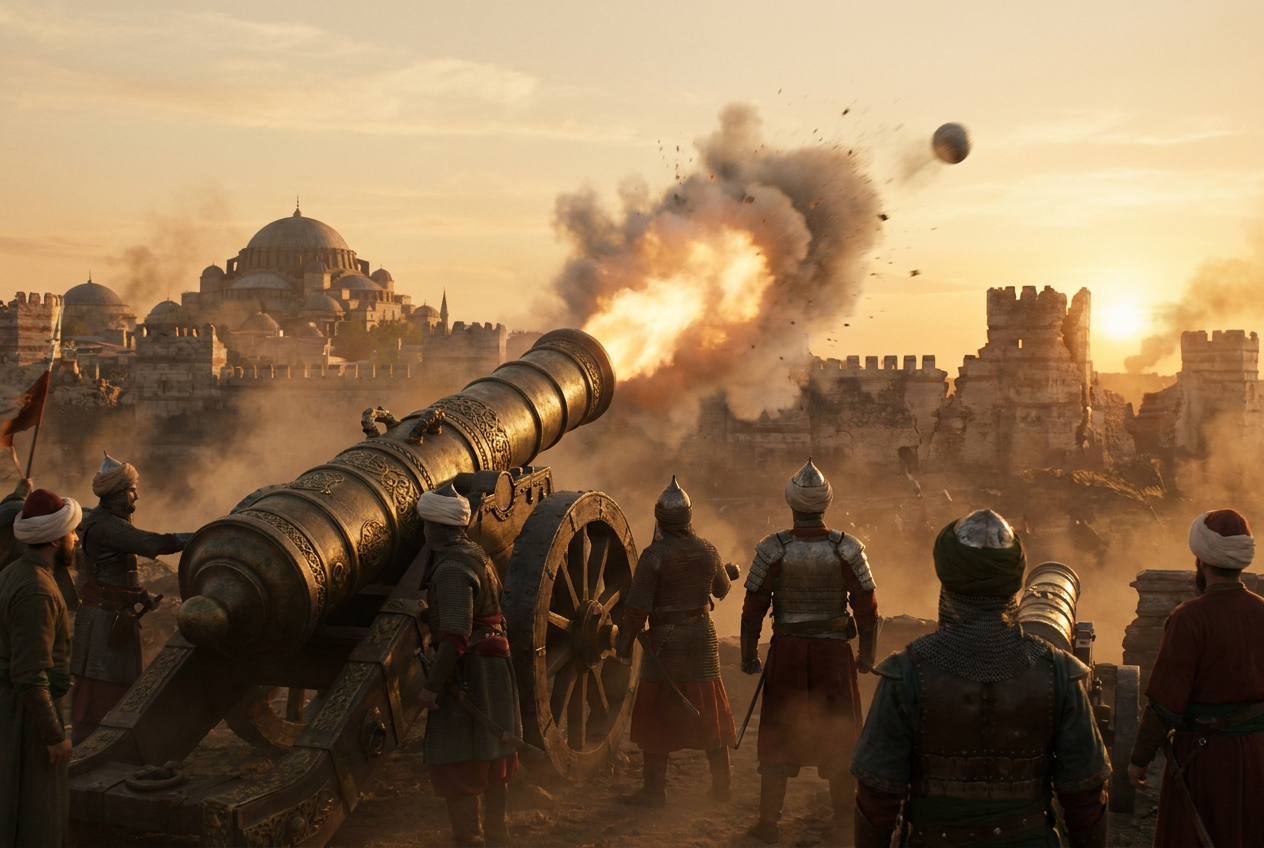 Ottoman soldiers fire an ornate bronze cannon at the walls of Constantinople, with the Hagia Sophia in the background
