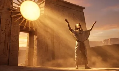 Ein ägyptischer Pharao steht vor einem Tempel für die Sonnenscheibe, Sonnenstrahlen fallen herab