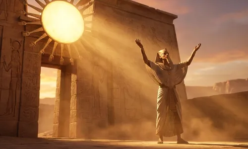 Ein ägyptischer Pharao steht vor einem Tempel für die Sonnenscheibe, Sonnenstrahlen fallen herab