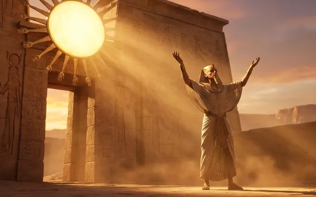 Ein ägyptischer Pharao steht vor einem Tempel für die Sonnenscheibe, Sonnenstrahlen fallen herab