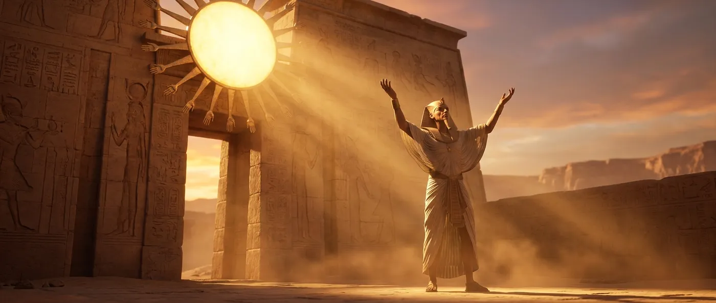 Ein ägyptischer Pharao steht vor einem Tempel für die Sonnenscheibe, Sonnenstrahlen fallen herab