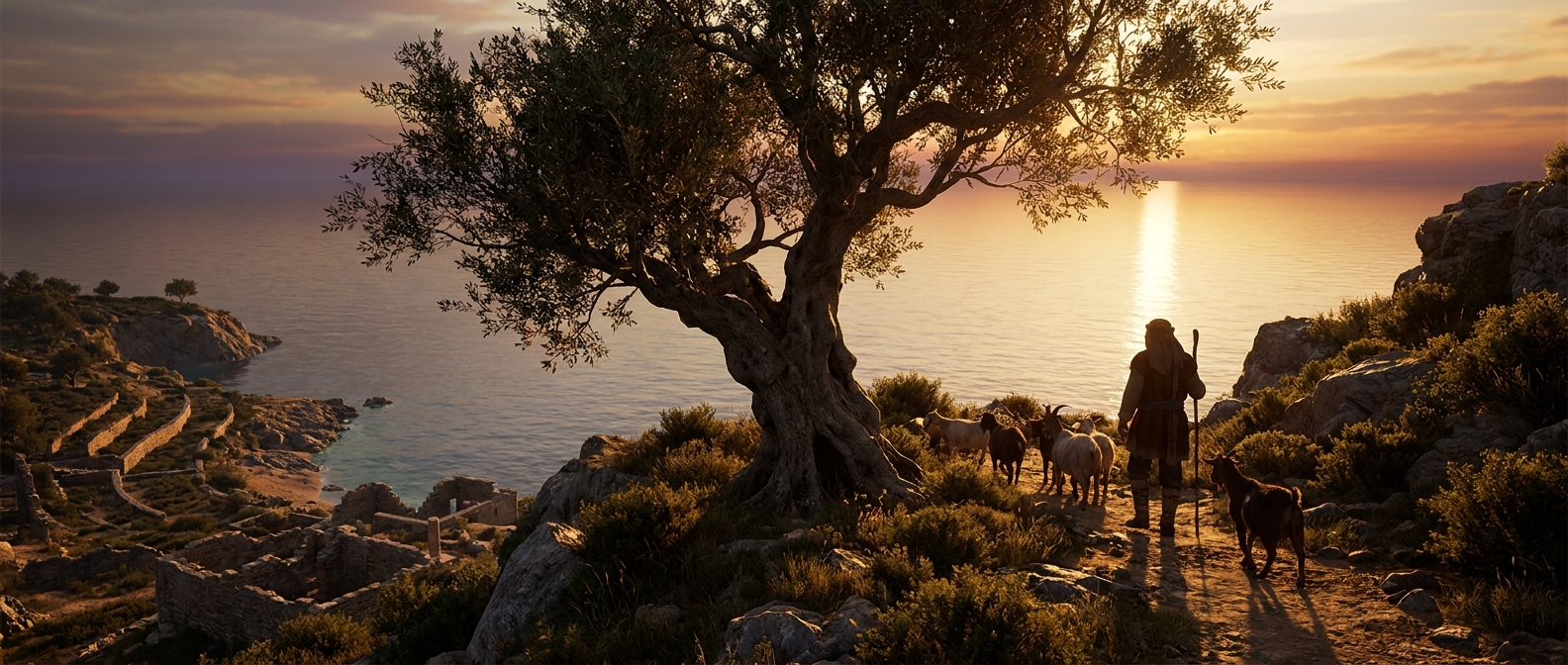 An old olive tree stands at sunset on a low headland above the calm Ionian Sea, a shepherd with goats walking past