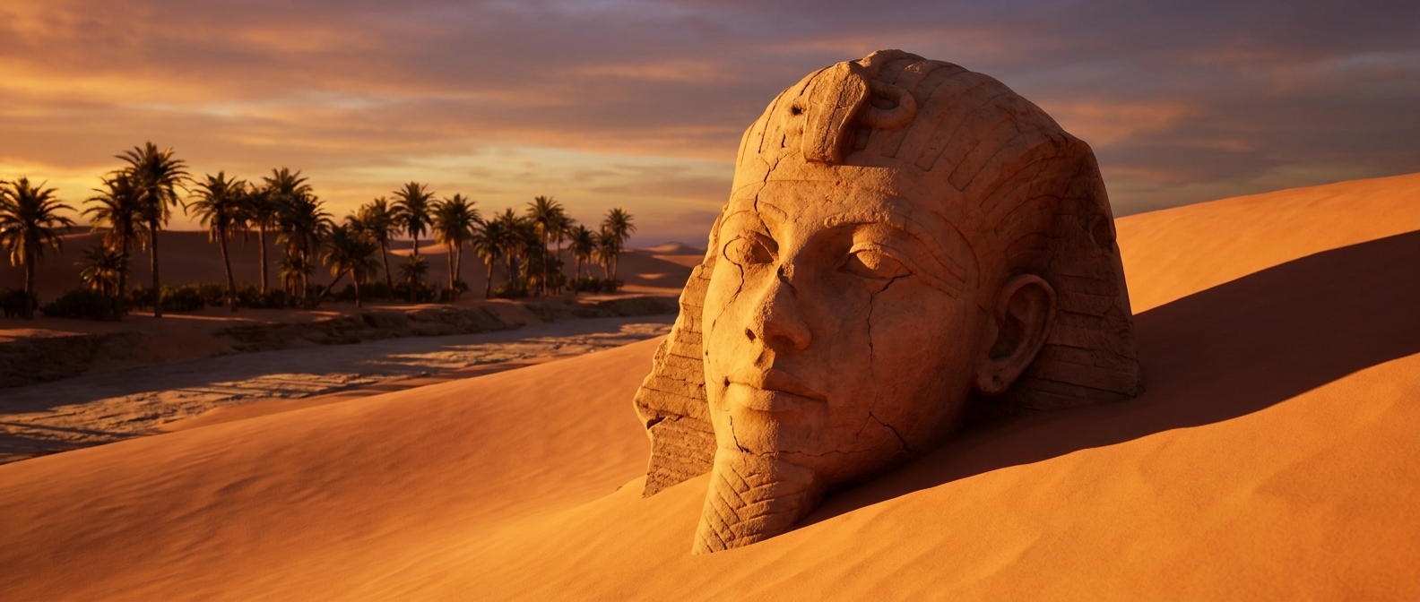 A broken colossal stone head lies half buried in desert sand at sunset, nothing else in sight