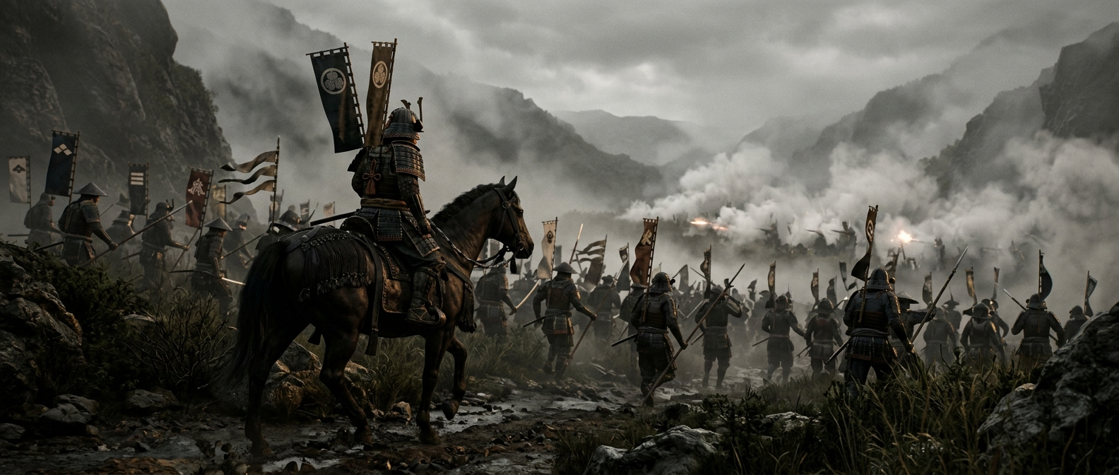 A samurai general in dark armor leads foot soldiers through a valley against musket fire, gunpowder smoke and fog hanging over the ground, banners fluttering