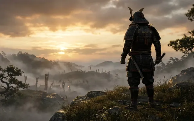 A Japanese warlord in dark armor stands on a hill overlooking a misty battlefield