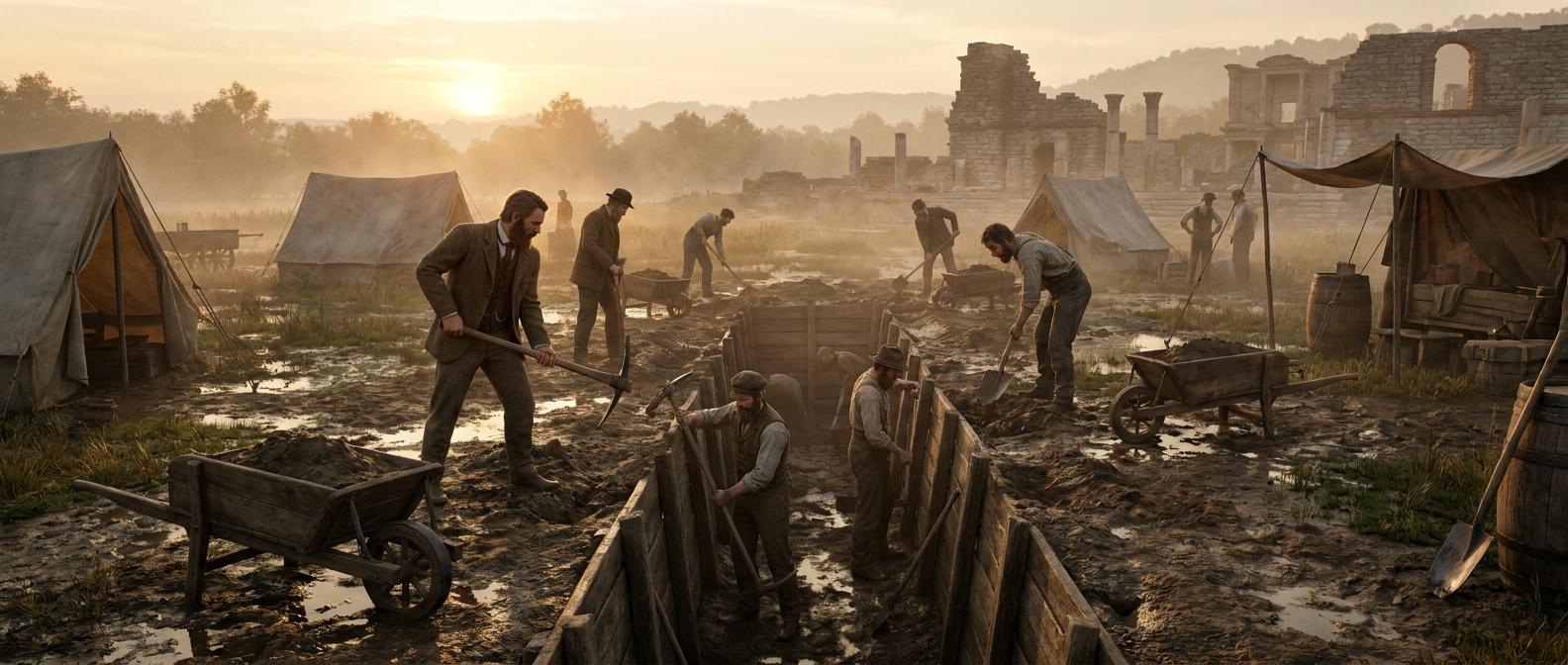 Victorian archaeologists and workers with wheelbarrows and tents dig a deep trench in a marshy field at Ephesus