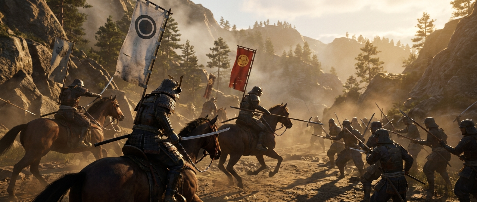Samurai riders break through an enemy line in a mountain valley, their banners flying