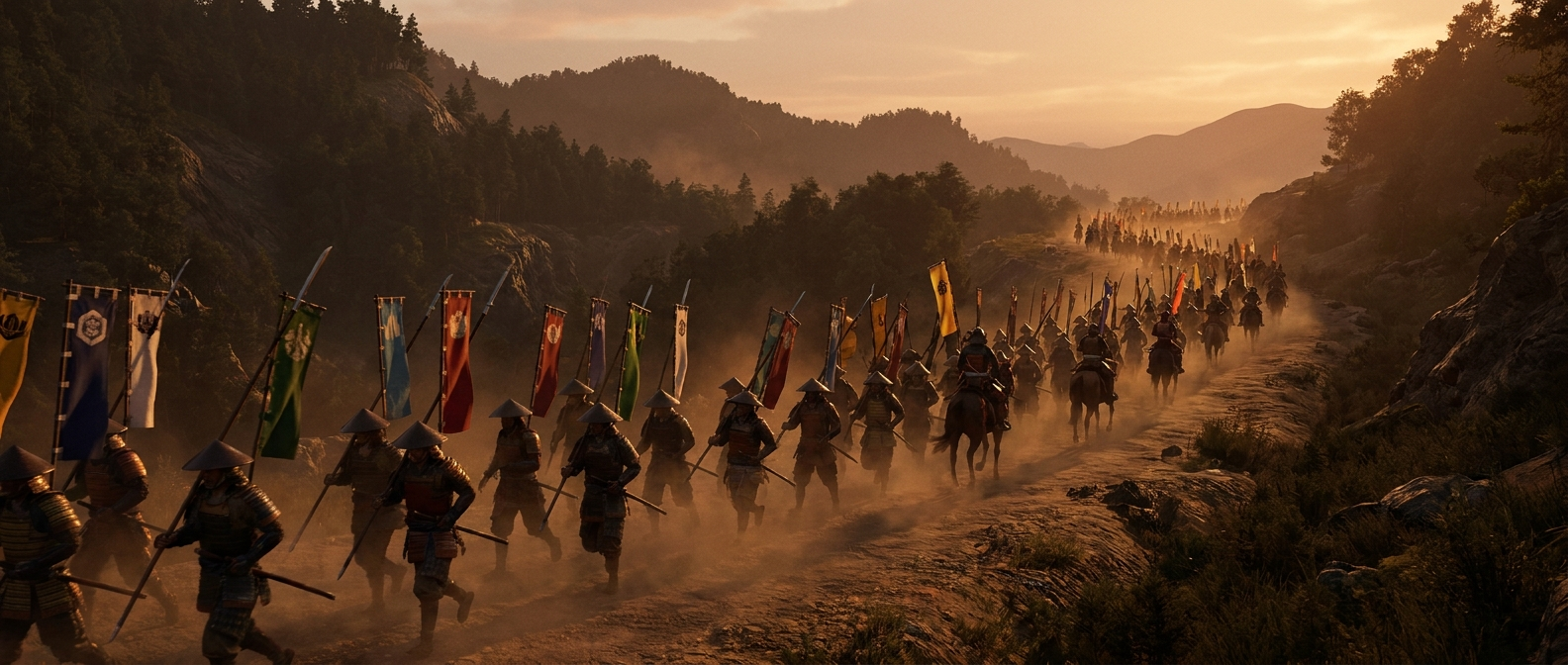 A samurai army with banners marches along a mountain road in Japan at dusk
