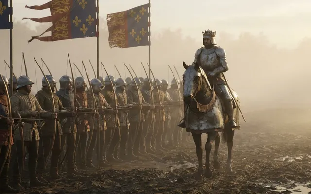 A king in plate armor with a crown fixed to his helmet rides along a line of archers on a misty muddy field at dawn, banners with lions and fleurs-de-lis flying above them
