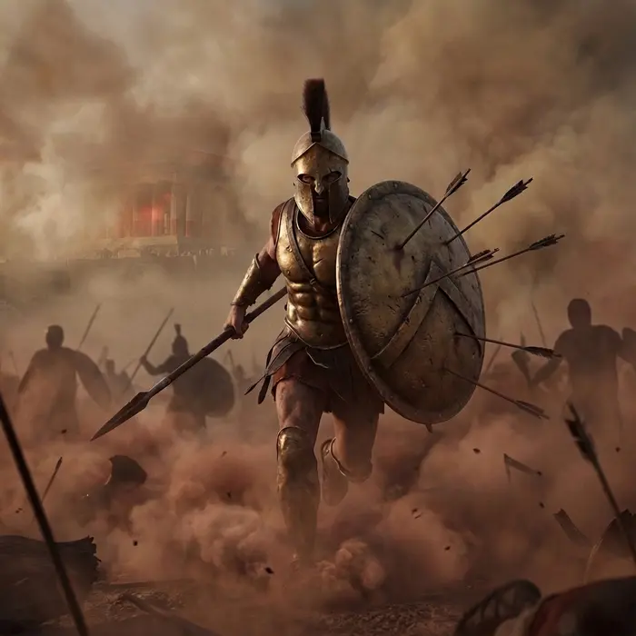 Greek hoplite with a helmet and a round shield full of arrows charges through the dust of the battlefield. HistoryBytes Season 3: Echoes of Olympus