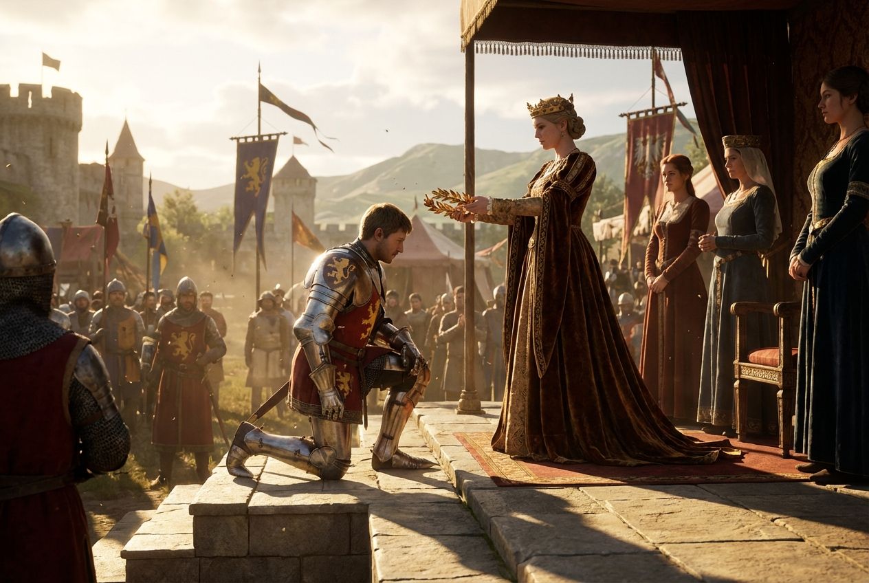 A knight in armor kneels before a queen who presents him with a golden laurel branch at a medieval tournament