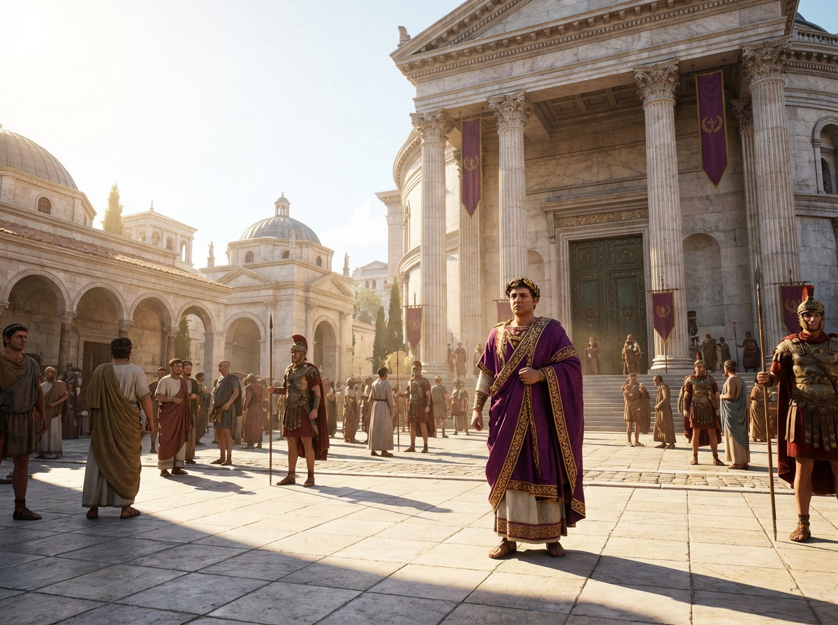Emperor Diocletian in purple robes and laurel wreath stands before a temple in Nicomedia, surrounded by Praetorian guards and citizens.