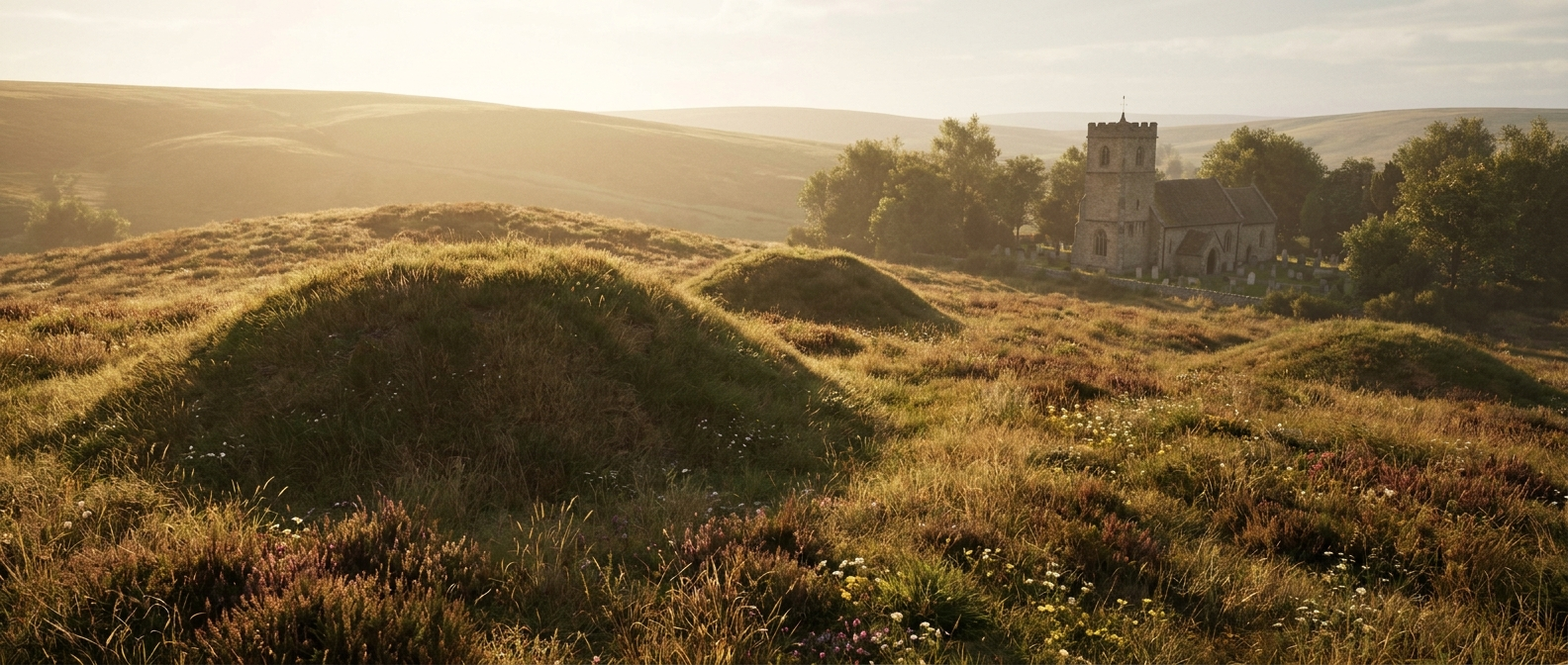 Ancient grass-covered burial mounds on a windswept hill in the English countryside, a small old stone church in the distance