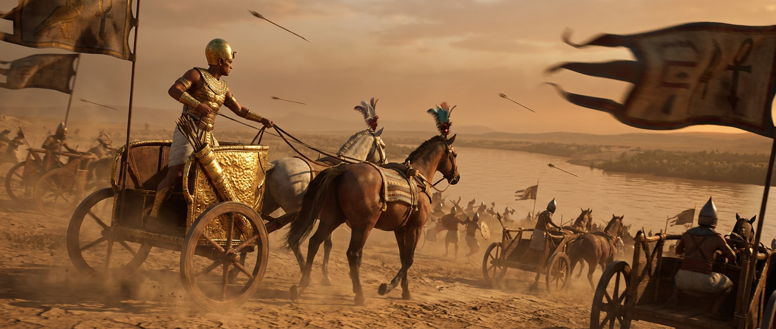 An ancient Egyptian pharaoh in a gilded war chariot charges through Hittite chariots beside a river, arrows in the air and banners flying