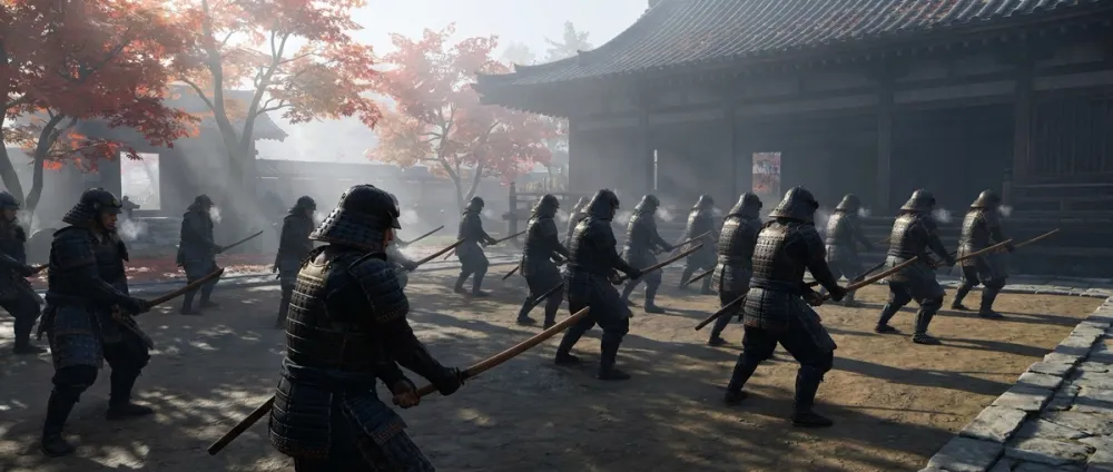A group of samurai warriors in traditional armor on a training ground A group of samurai warriors in traditional armor on a training ground