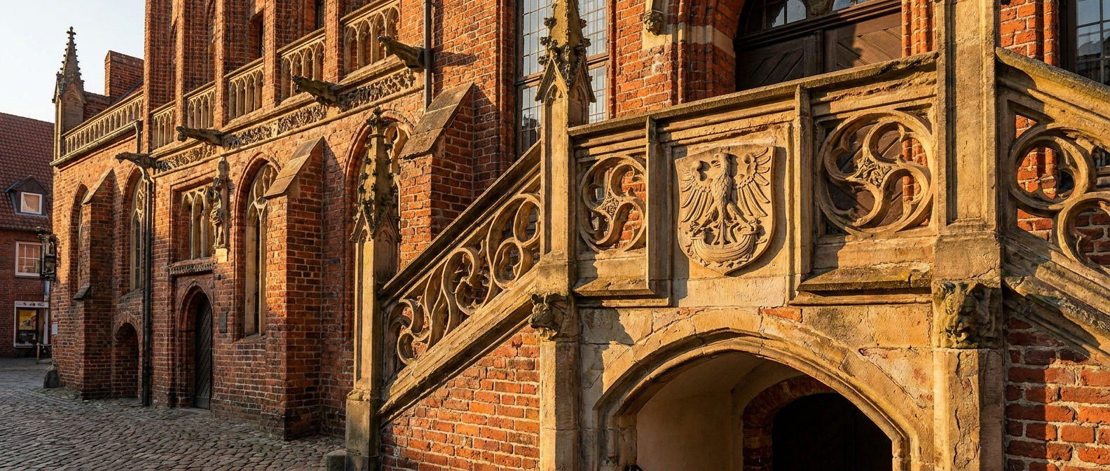 Das backsteingotische Rathaus einer norddeutschen Hansestadt mit historischem Stadtwappen über dem Eingang