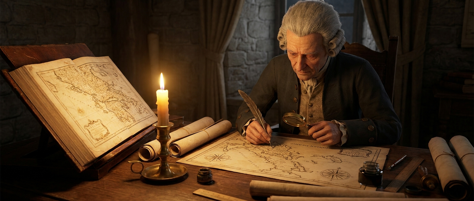 A cartographer in a powdered wig draws a map of the Ionian islands at a desk by candlelight in the 18th century, an old atlas open beside him