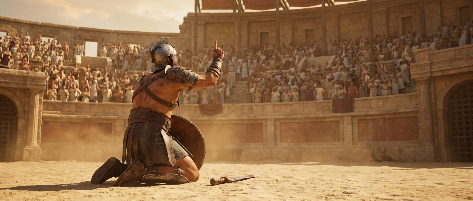 Ein besiegter Gladiator kniet auf dem Arenasand und hebt den Zeigefinger, die Menge sieht zu