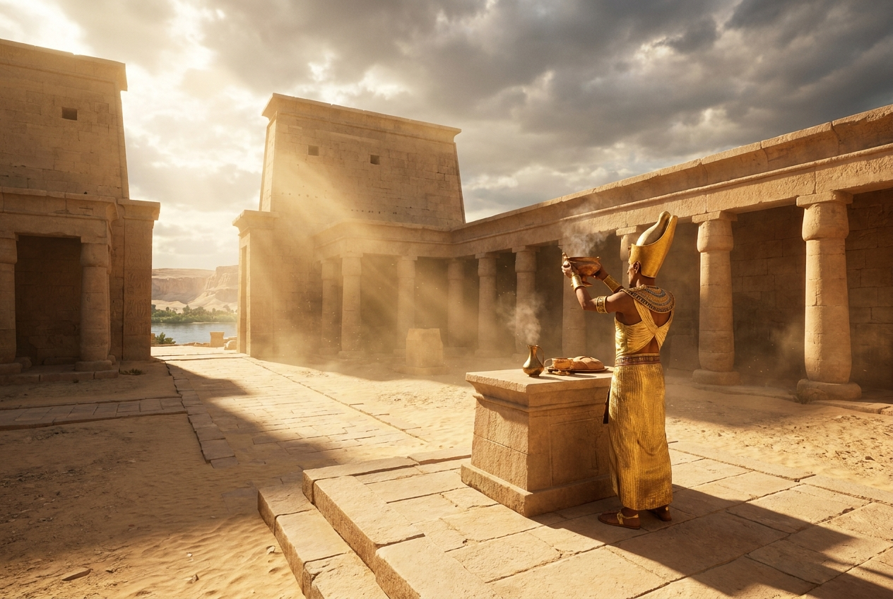 Pharao Echnaton hebt in einem offenen Tempel in Amarna Opfergaben zur Sonne, goldene Sonnenstrahlen fallen herab