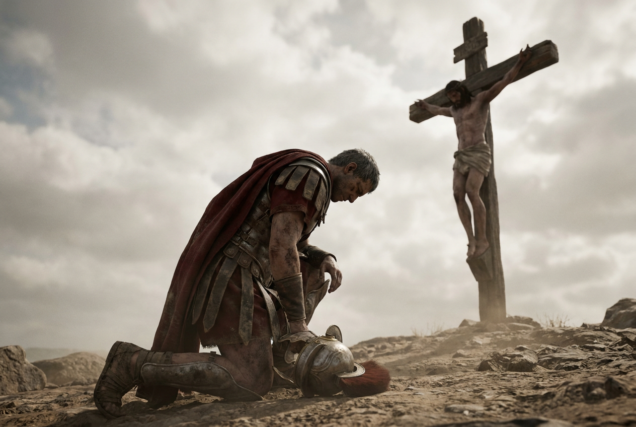 A Roman centurion kneels with his helmet removed beneath the cross on which Jesus hangs
