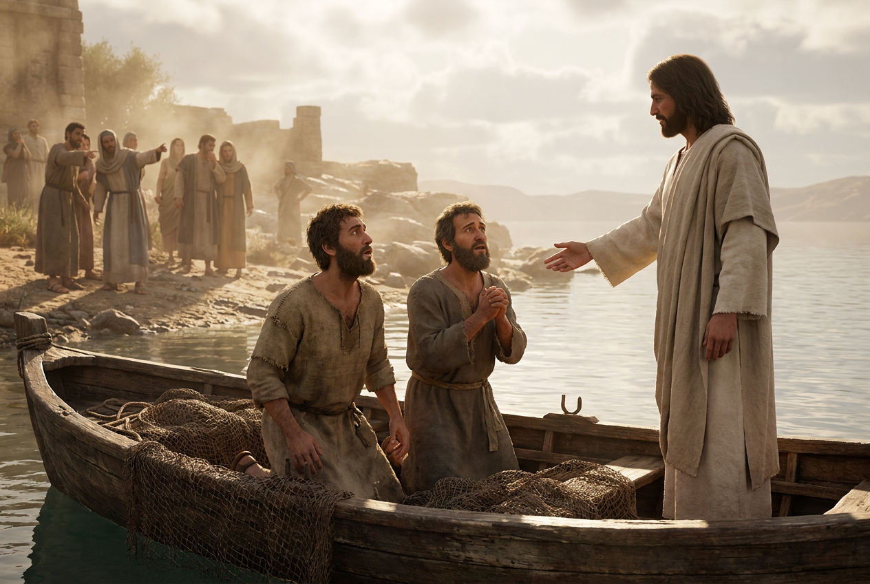 Jesus stands in the boat and reaches out to two kneeling fishermen as people watch from the shore