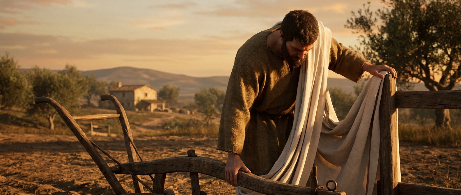 A man removes a toga and reaches for a plow on a rural field