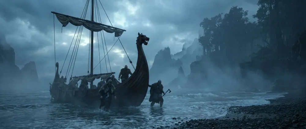 A Viking longship landing on a foggy unknown coastline A Viking longship landing on a foggy unknown coastline