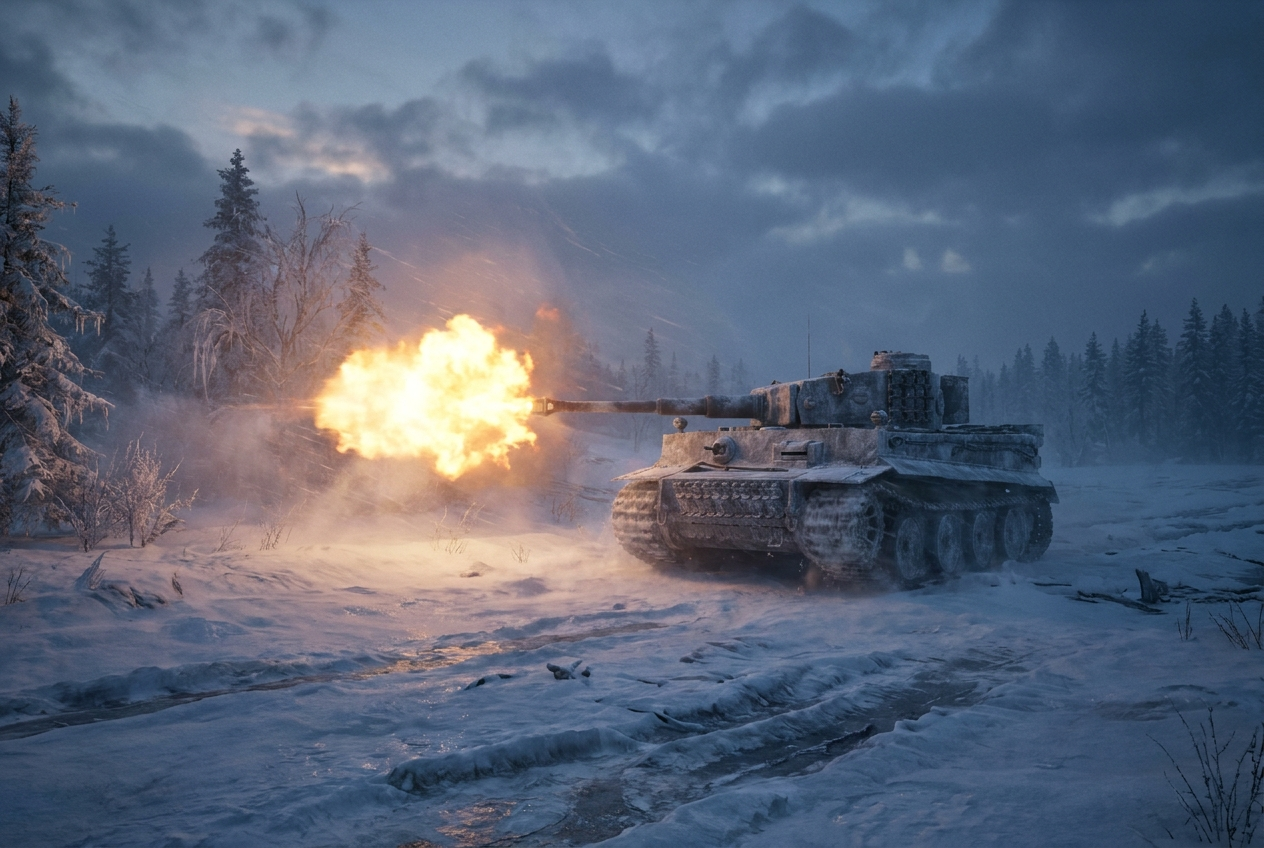 Ein deutscher Tiger-Panzer feuert in der Dämmerung in einer verschneiten russischen Winterlandschaft