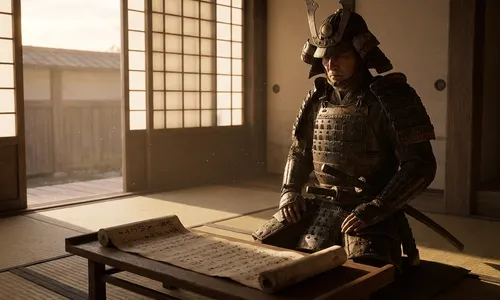 Ein Samurai-Krieger steht meditativ vor einem alten japanischen Manuskript