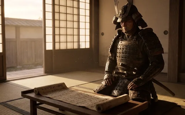 Ein Samurai-Krieger steht meditativ vor einem alten japanischen Manuskript