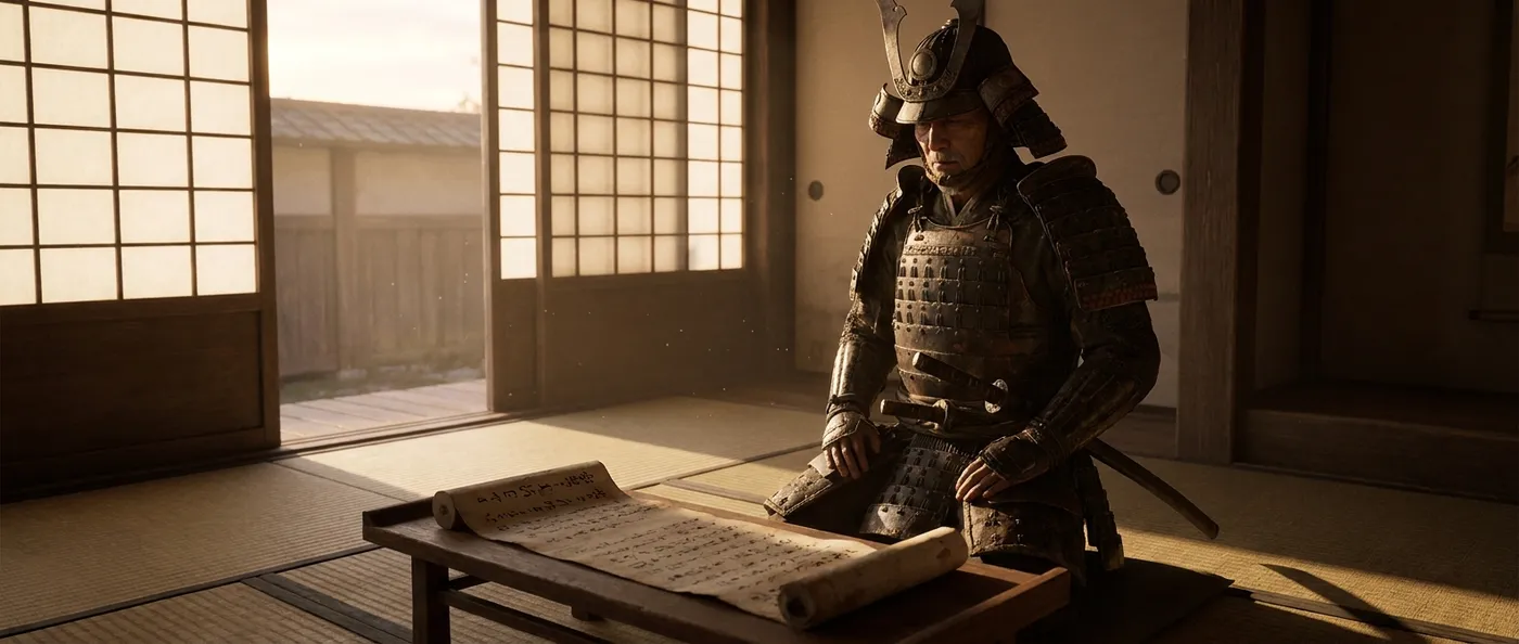 A samurai warrior sits meditatively before an ancient Japanese manuscript