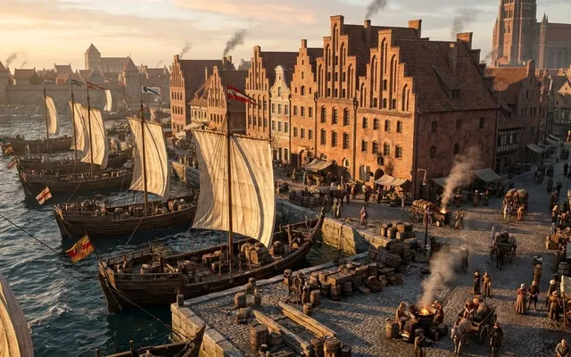 Medieval Hanseatic cog trading ships are docked at a brick Gothic Baltic harbor town, warehouses lining the waterfront