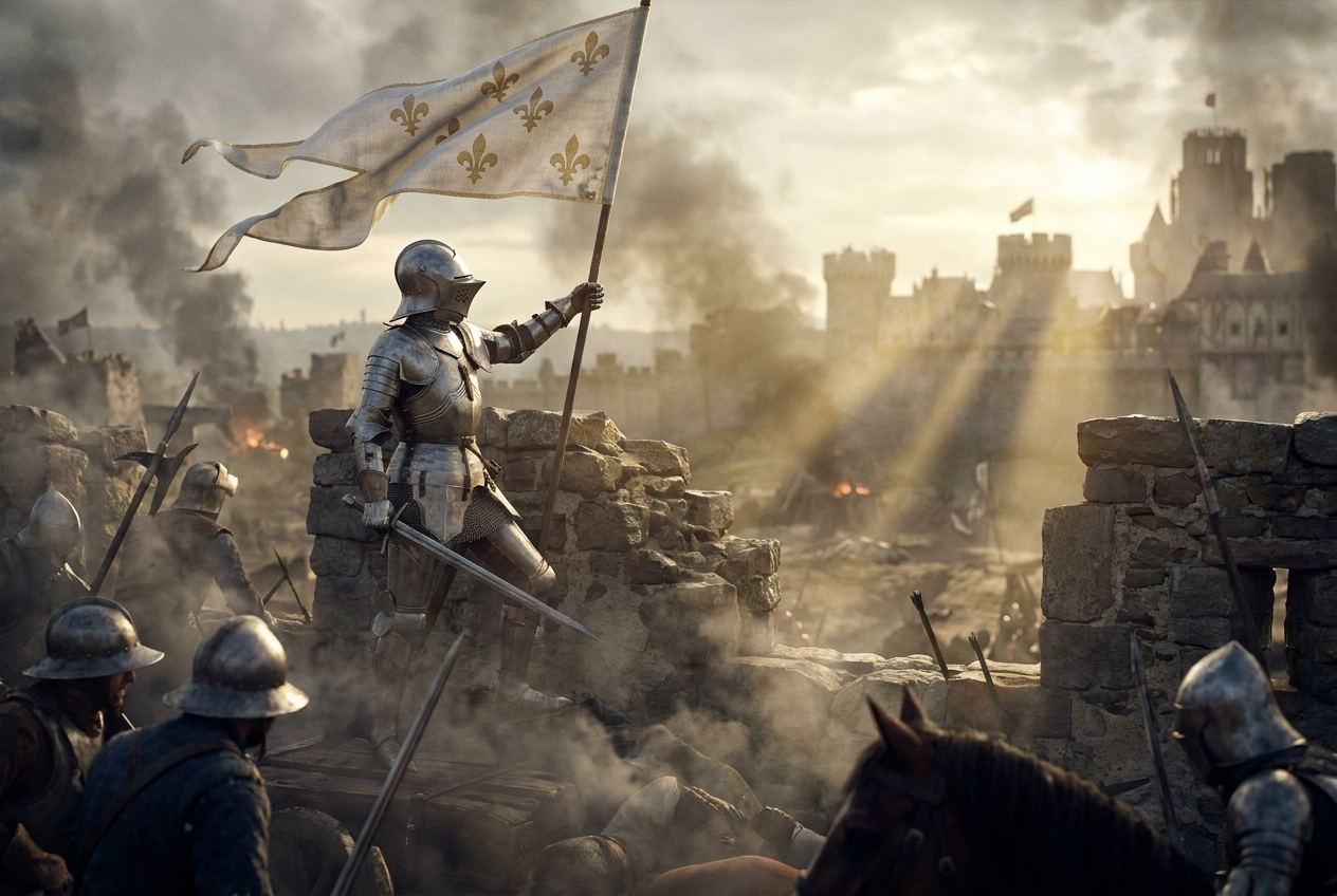 Joan of Arc in armor stands on a ruined wall with sword and fleur-de-lis banner above a besieged city wreathed in smoke