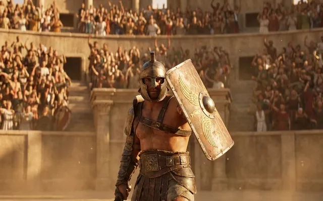 A gladiator stands facing the camera in the sand of the arena with his shield raised, the crowd cheering behind him