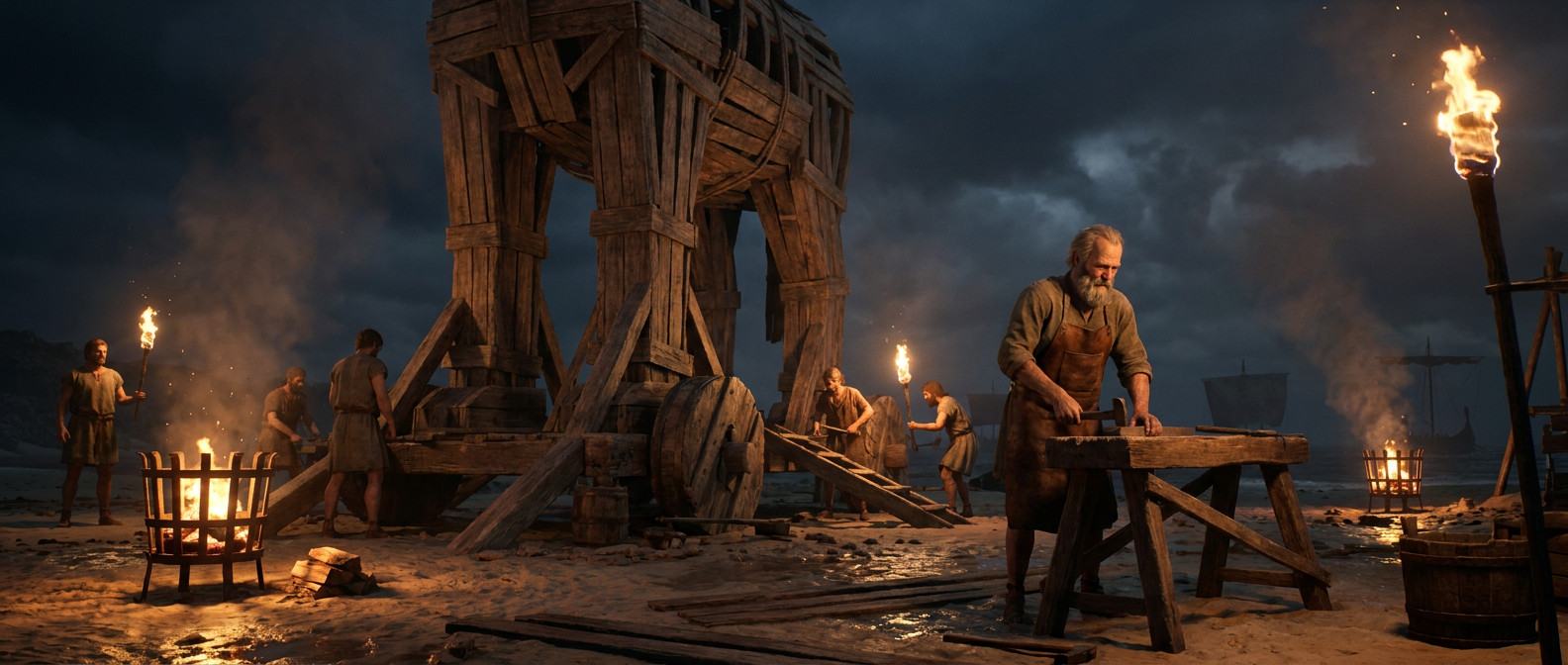 A Greek carpenter and workmen build a giant wooden horse on a beach at night by torchlight