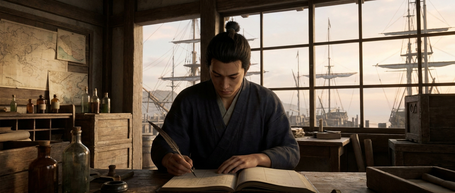 A young Japanese clerk in a kimono writes in a ledger in a trading office in Nagasaki, ship masts visible through the window