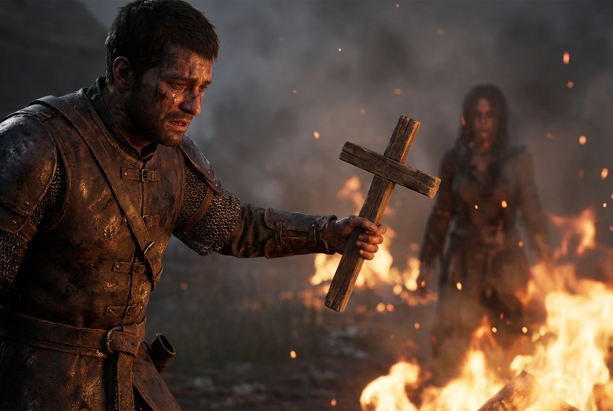 A weeping soldier holds up a rough wooden cross while Joan of Arc stands amid the flames and smoke behind him