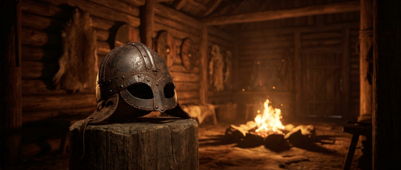 Ein abgenutzter runder Eisenhelm mit Augenschutz liegt auf einem Holzständer in einem Wikingerlanghaus, Feuerschein und Schatten, keine Menschen