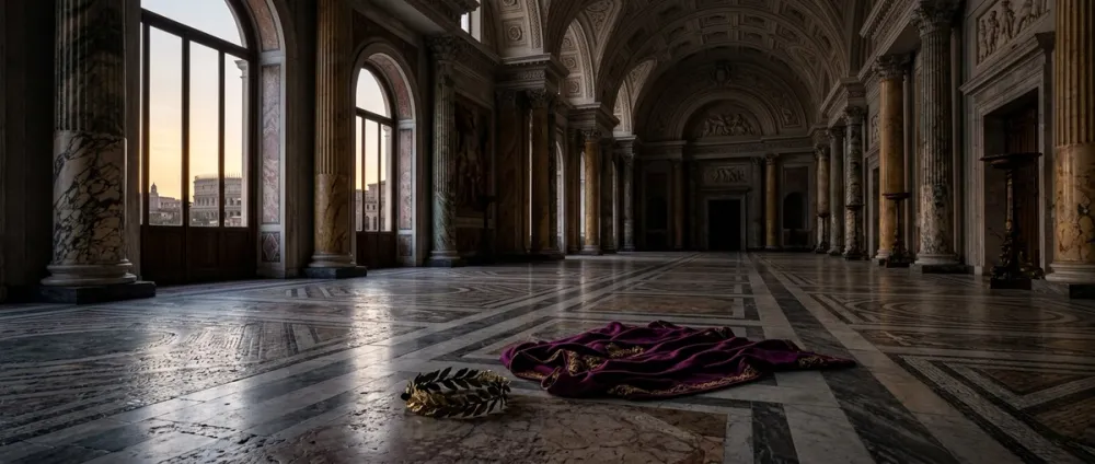 An empty opulent hall in the imperial palace, a laurel wreath and a purple cloak lying on the marble floor An empty opulent hall in the imperial palace, a laurel wreath and a purple cloak lying on the marble floor