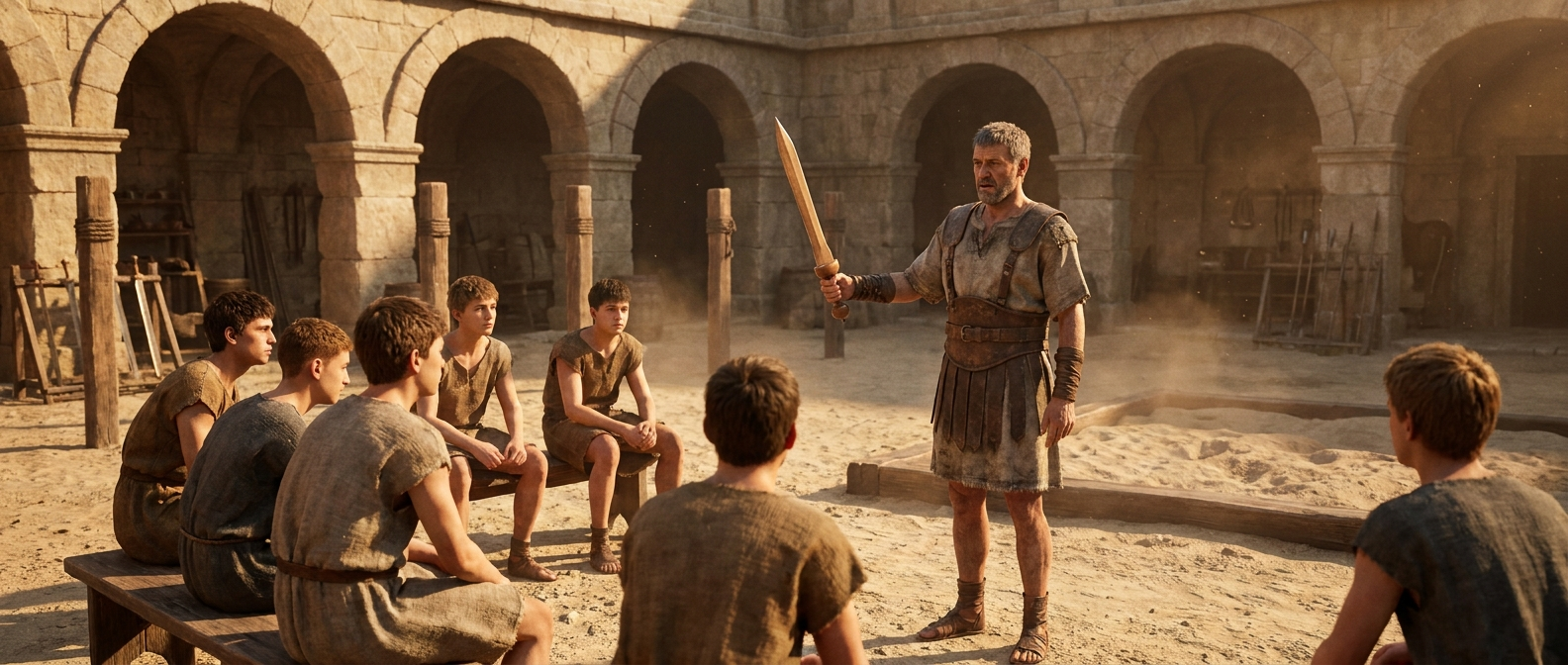 Ein älterer Gladiator mit sichtbaren Narben sitzt abends frontal zur Kamera auf einer Bank vor dem Tor einer Gladiatorenschule