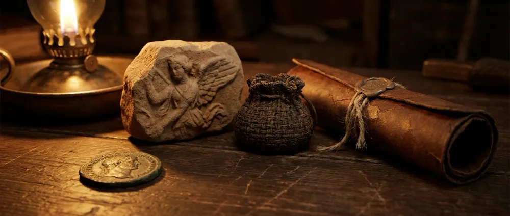 A wooden tabletop still life with small artifacts from different historical eras arranged together A wooden tabletop still life with small artifacts from different historical eras arranged together