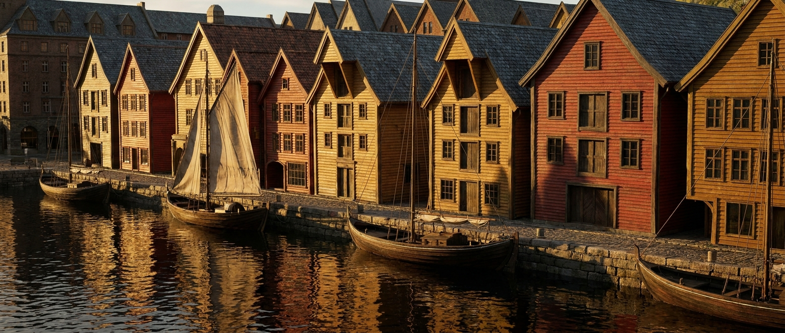 Eine Reihe schmaler, farbenfroher hölzerner Giebelhäuser am Hafen von Bergen, Norwegen