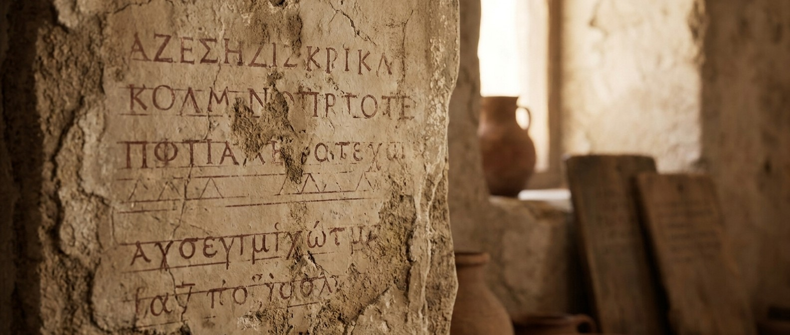 Verputzte antike Wandreste mit verblassten griechischen Schreibübungen in roter Tinte