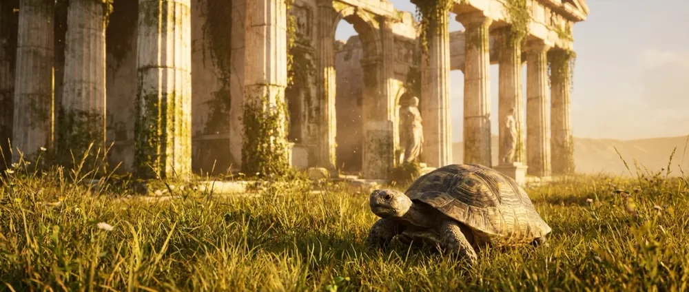 Eine griechische Landschildkröte wandert langsam über den Rasen vor den Säulen des antiken Tempels Eine griechische Landschildkröte wandert langsam über den Rasen vor den Säulen des antiken Tempels