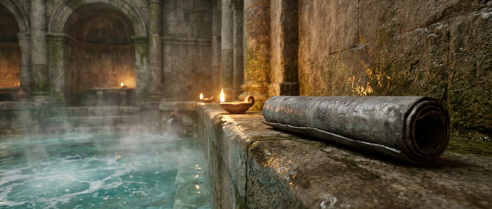 A rolled lead tablet with scratched writing lies on a stone ledge beside a steaming hot spring in a Roman bath by lamplight, no people