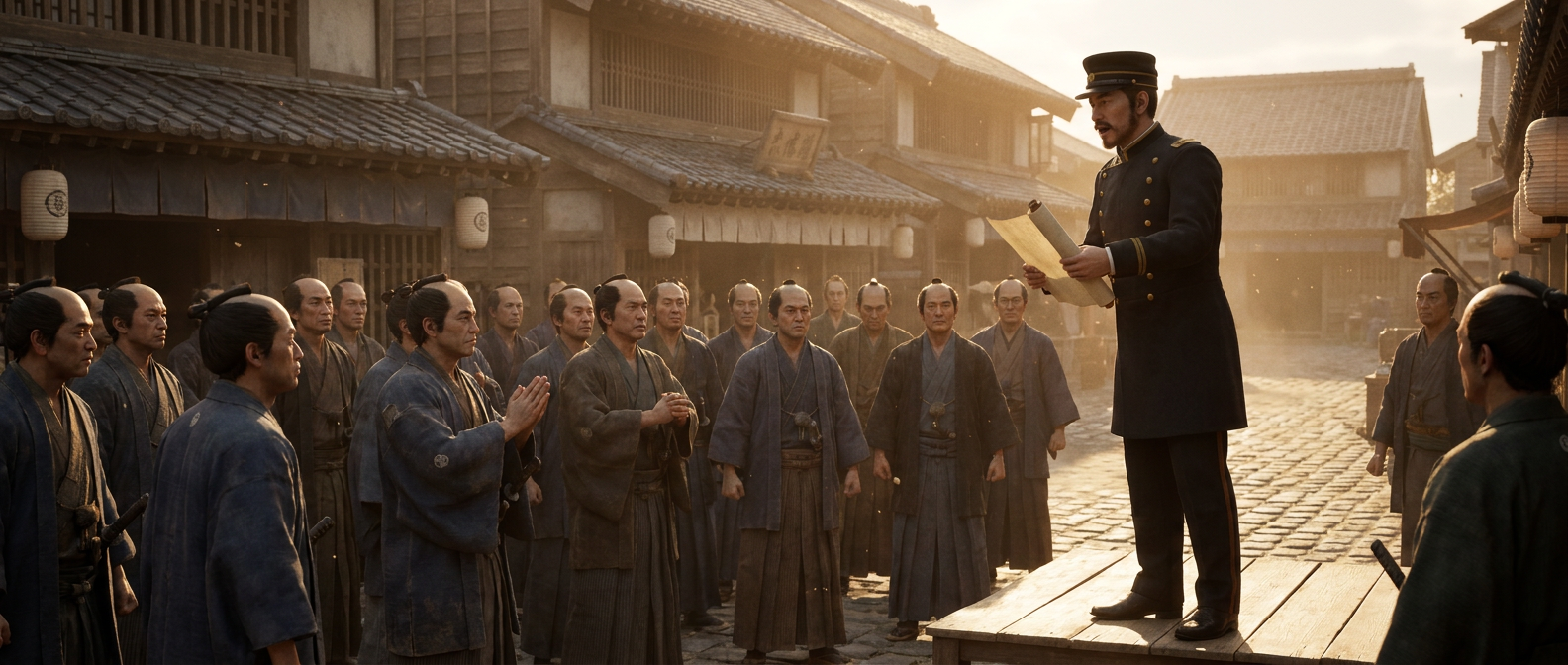 A Meiji-era official in Western uniform reads an edict in 1876 in a town square to a crowd of Japanese samurai in kimonos and topknots