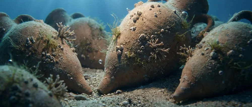 Several ancient clay amphorae with their distinctive pointed bases lie in the sand Several ancient clay amphorae with their distinctive pointed bases lie in the sand