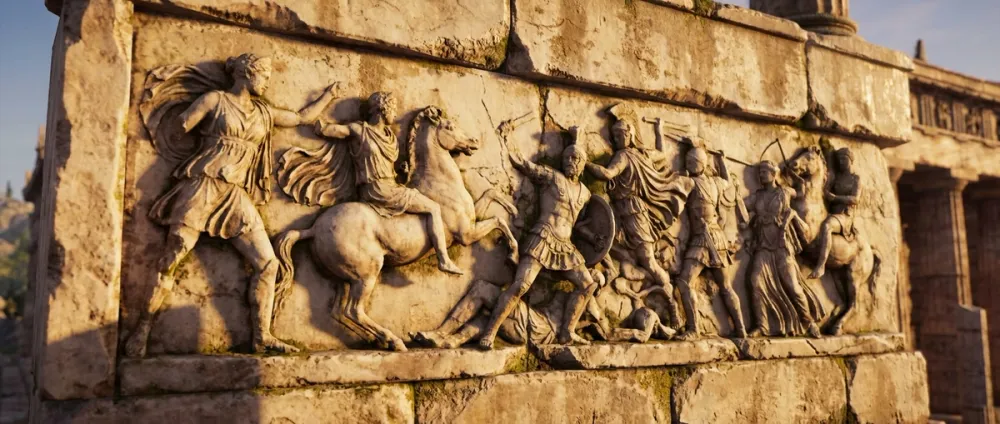 Nahaufnahme eines verwitterten Marmor-Reliefs am Tempel, das eine mythologische Kampfszene zeigt Nahaufnahme eines verwitterten Marmor-Reliefs am Tempel, das eine mythologische Kampfszene zeigt